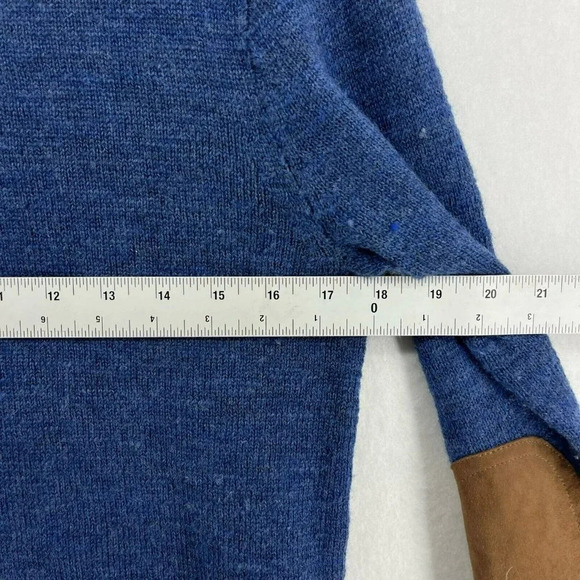 J.Crew Merino Sweater Men's S Blue Brown Leather Elbow Trim Round Neck Pullover - Picture 3 of 15